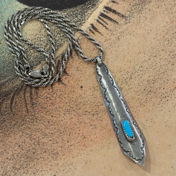 Vintage Old Pawn Sterling Silver Pendant Necklace Sleeping Beauty Turquoise - Picture 4 of 10